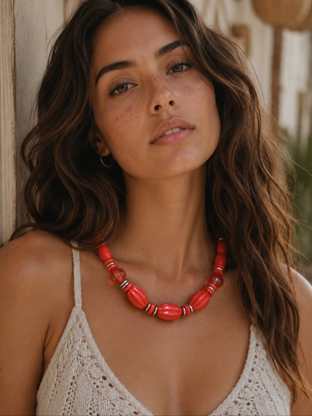 4/$15 Red Orange Beaded Statement Necklace - Women Jewelry
